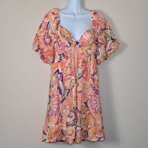 Flying Tomato Smocked Short Sleeve Floral Babydoll Dress Size L